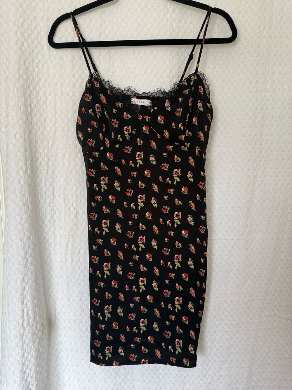 Lush Floral Lace Trim Satin Slip Dress Black Rose Print Mini Dress Medium NWT - Picture 2 of 5